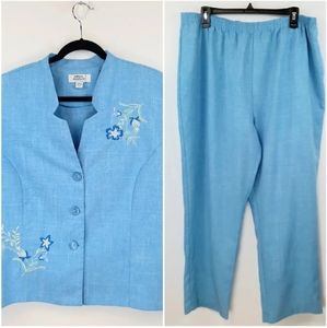 ADRIAN DELAFIELD by HABAND Women's Embroidered 2 Piece Top & Pants Set Size XL P